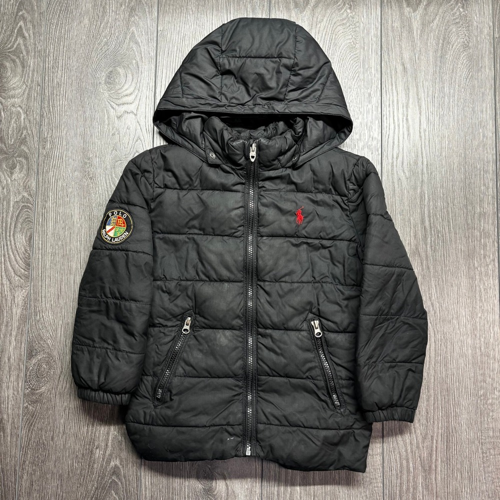 Polo Ralph Lauren Kids 6 Black Puffer Jacket Detachable Hood Cookie Crest Patch